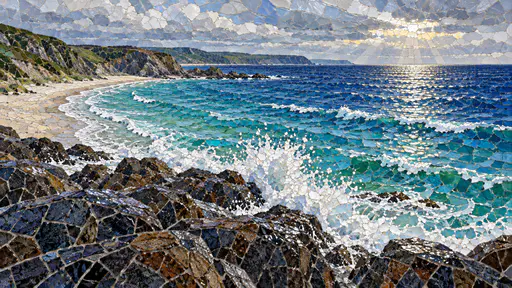 A rocky coastal shore with a wave breaking on dark headland rocks, a curved pale beach and turquoise water in glazed broken tile shards.