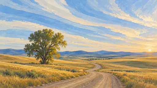 An open rolling pasture of golden grass with a single cottonwood tree, a curving dirt road and low blue hills lies under a huge sky in long colour bands.