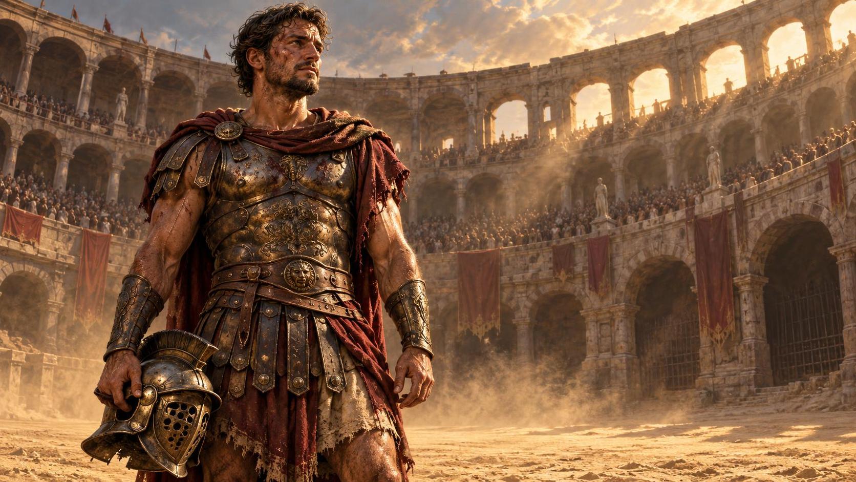 A Roman gladiator in bronze armour holds his iron helmet at his side and gazes intently with a weary heavy gaze in a dusty sunlit arena with sand and stone arches behind him.