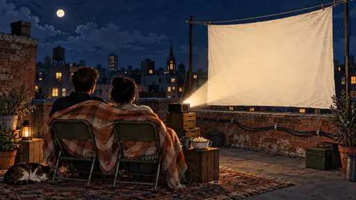Night rooftop seen from behind two chairs where two neighbours share a blanket, a projector on crates throwing a dusty beam to a blank sheet screen above a low skyline.