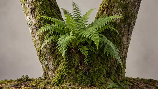 A fern grows rooted in the fork of a mossy tree trunk in soft canopy light with its fronds spreading outward above the forest floor.