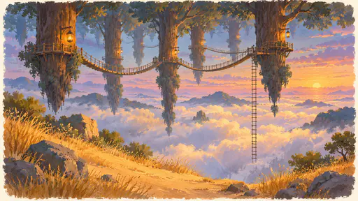 Among the hanging trunks of a downward-growing forest a network of rope bridges and wooden walkways links the trunks at different heights with a small warm lantern on each trunk and a long rope ladder dropping toward the clouds below.