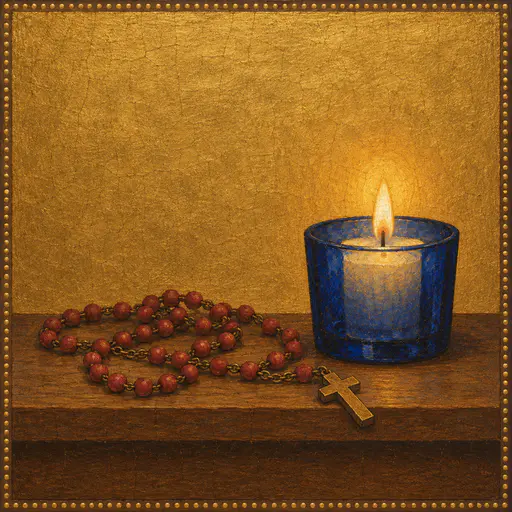 A muted red rosary with a plain cross rests on a narrow wooden shelf beside a lit votive candle in a deep blue glass cup on a burnished gold ground in egg tempera.