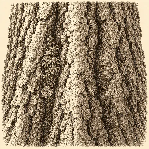 Deep vertical furrows and ridges of rough oak bark with a small patch of moss and a lichen rosette in sepia dot and flick engraving on cream paper.