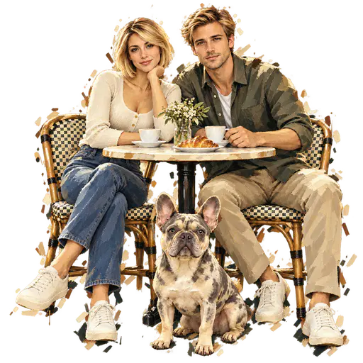 Painterly couple and French bulldog at a cafe table dissolving into chunky paint fragments on a transparent background