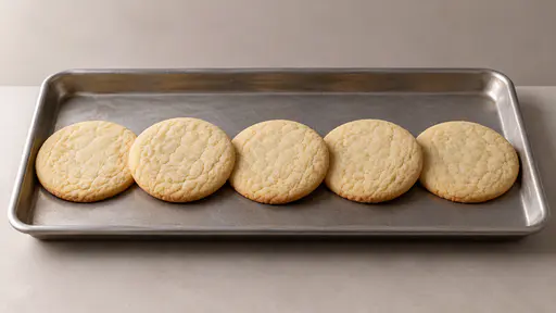 Plain round uniced sugar cookies rest touching each other in one loose row along a plain metal tray in even daylight.