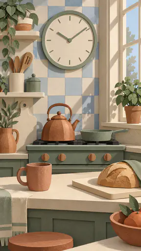 A round kitchen clock with plain tick marks hangs on a tiled wall above a stove with a kettle and a pan, a mug and a bread board and a window with a potted herb in matte paper.