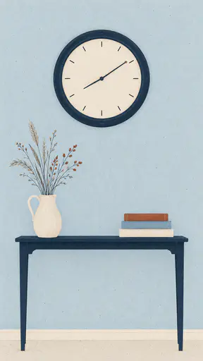 A round wooden wall clock with a cream face and plain tick marks hangs above a narrow console table with a jug of dried grasses and a stack of books in flat folk print.