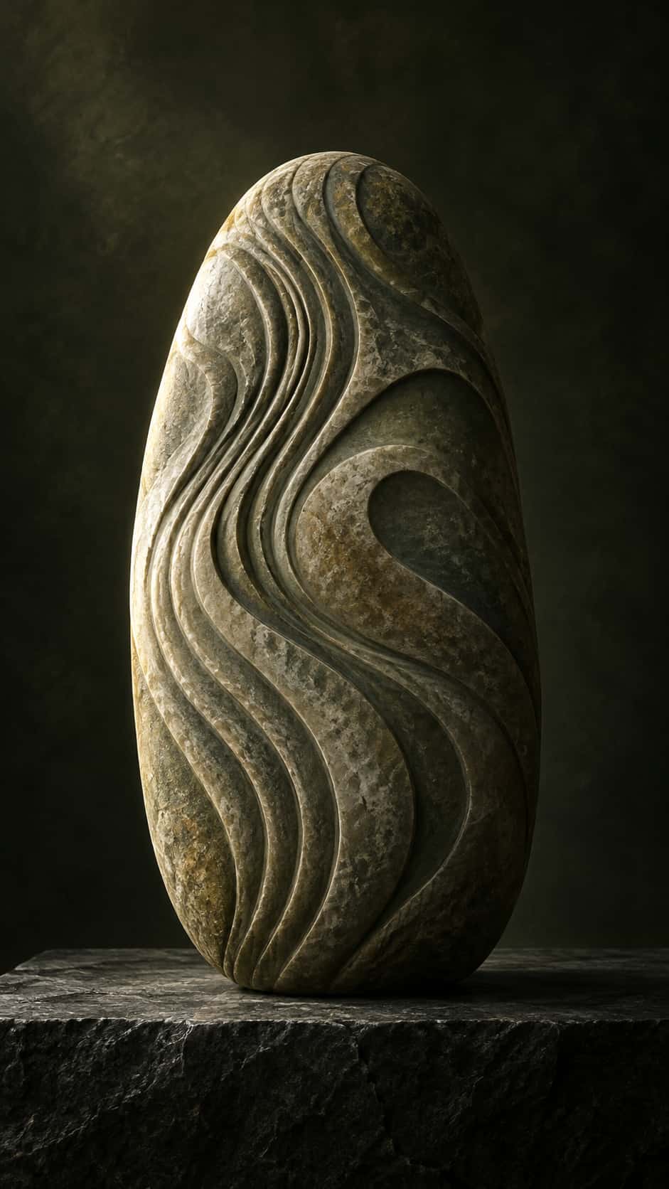 A rounded river stone is carved all over with a shallow abstract relief of flowing parallel lines and soft ridges and rests on a dark slab in dramatic side light.