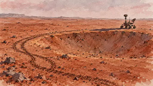 A six-wheeled rover with a mast and dish on a crater rim, a pair of looping wheel tracks crossing itself, red dust plain and pale pink-grey sky in washes.