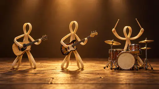 Three cream-tan rubber bands, each folded into a small standing figure, perform as a band on a miniature wooden stage: one strums a tiny acoustic guitar, one holds a small bass, and one stands over a drum kit with raised sticks, all under a warm amber spotlight with deep shadows at the sides.