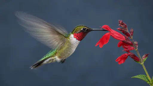 A ruby throated hummingbird hovers at a single red salvia flower with its needle beak inserted while its wings dissolve into silky streaks against a calm deep blue grey ground.