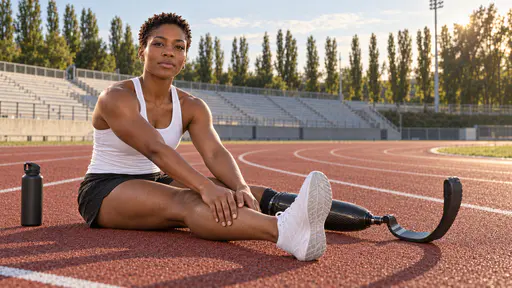 A lean woman with close-cropped hair and small silver hoops in a white running top and black shorts sits on a red athletics track in a forward stretch, a white shoe on one foot and a black carbon-fibre running blade on the other leg, a black water bottle beside her and an empty stand with poplar trees behind.