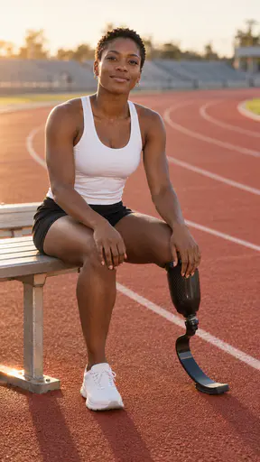 A lean Black woman in her late twenties with close-cropped natural hair and small silver hoops sits on a bench beside a red athletics track at golden hour, in a white running top and black shorts, her right leg replaced below the knee by a black carbon-fibre running blade, her left foot in a white running shoe.