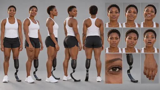 A 16:9 studio character sheet of a woman runner in a white running top and black shorts with a black carbon-fibre running blade on her right leg, shown in five full-body views, six expressions and three close details, on a grey backdrop.