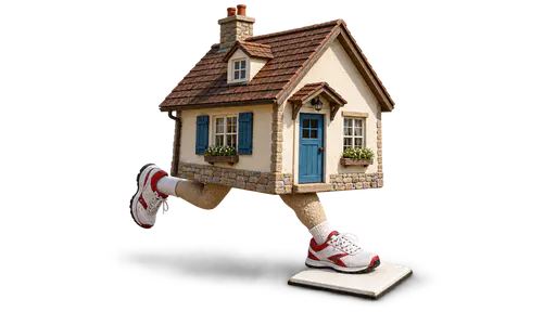 Home run: surreal miniature sports photograph of a small cottage with legs mid-stride, one running shoe planted on a blank white home plate, isolated on transparency.