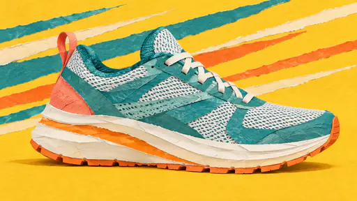 A running shoe in side view with a teal mesh upper and a cream and orange sole stack in cut paper collage with torn speed lines on a yellow ground.