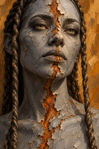 Extreme close-up of a fictional face in cracked gray impasto split by one vertical rust-orange seam, rope braids, ochre brushwork backdrop.