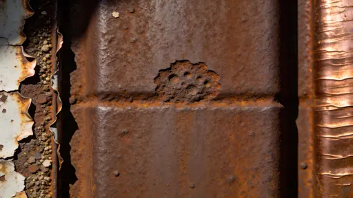 Close-up macro photograph of rusted metal showing layered oxidation, flaking paint and pitted patina with industrial grit, composed for use as a 16:9 background image.
