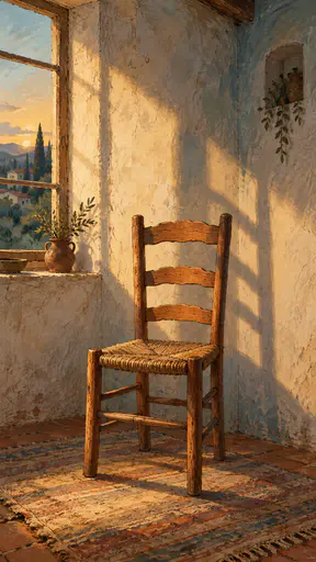 A rustic ladder back wooden chair with a rush seat stands alone in a sunlit corner of a whitewashed room with a long shadow, a window and a worn rug in loose pencil and paint.