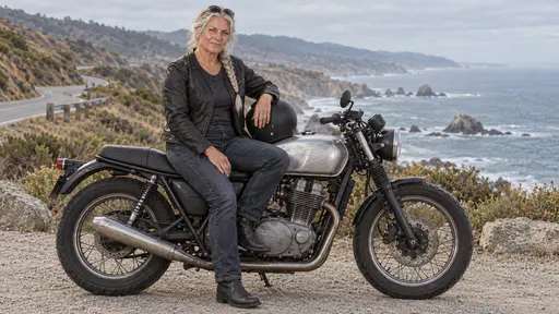 A woman biker in her mid fifties with a long thick silver braid sits on her parked plain motorcycle at a coastal highway overlook, her helmet on the tank and the road curving along the headland behind her.