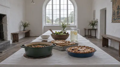 A wooden bowl of mixed green salad and a tall glass jug of cloudy lemonade with lemon slices sit at the far end of a laden trestle table beside a green stew pot, a tin tray of flatbreads and a blue enamel pie dish.