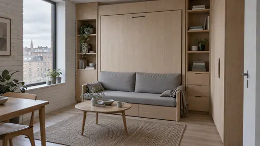 A compact flat's pale oak wall unit with the bed folded up flat shows a low sofa with two grey cushions and a small round oak coffee table in front of it, a narrow strip of floor beside it in overcast daylight from a tall window.