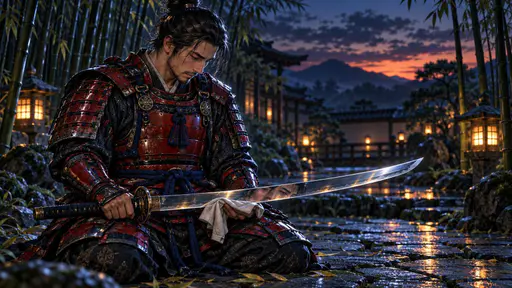 A samurai warrior in layered lacquered armour kneels in a quiet bamboo courtyard at dusk studying the blade of his katana with his thoughtful face reflected in the steel.
