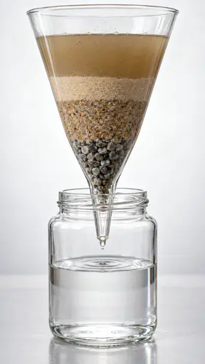 A clear glass funnel in four layers from gravel through coarse and fine sand to cloudy brown water, its tip inside a glass jar of clear water with one drop falling and a ripple ring.