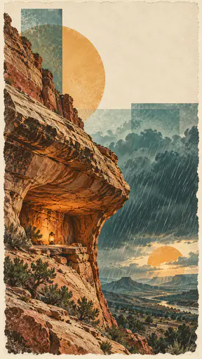 A warm sandstone overhang forms a dry alcove with a small lantern inside while slanting rain and teal storm clouds pass beside it under a low ochre sun disc.
