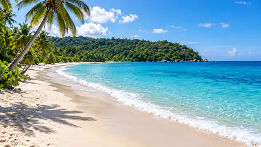 A sweeping crescent of pale sand with turquoise shallows, leaning palms casting shade and a green headland at the end of the bay in bright morning sun.
