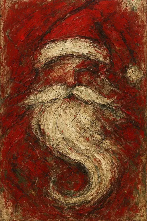 Tall 2:3 abstract expressionist canvas depicting Santa through wide gestural sweeps of deep red and creamy white, charcoal scratches, impasto texture, and pine-green and gold accents.