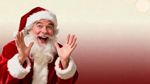 Chest-up editorial holiday portrait of Santa on the left, leaning forward laughing with hands in a ta‑da gesture against a seamless gradient from soft cream to muted dusty red, minimal backdrop.