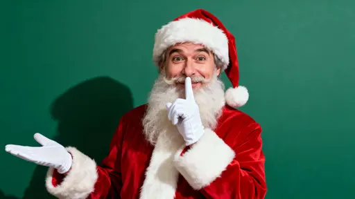 Cozy, intimate chest-up portrait of Santa angled right with a playful “shh” gesture, red suit and neat beard set against a smooth evergreen gradient background.