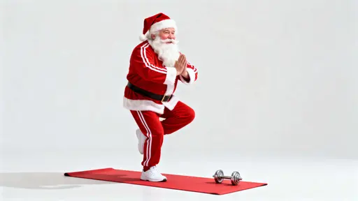 A humorous minimalist advertising image of Santa Claus — a jolly older man in a sporty red suit and white sneakers — unsteadily holding a yoga tree pose on a red mat against a bright seamless backdrop.