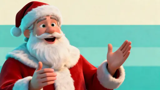 Cinematic chest-up portrait of Santa Claus on the left, mid-sentence with expressive hands, warm front-right highlights and a calm cream-to-teal gradient copy space on the right.