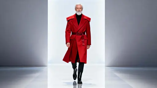 An older white Santa Claus modeled as a couture figure in a sharp long red overcoat with a black turtleneck and trousers, walking a minimalist white runway lit by soft vertical panels.