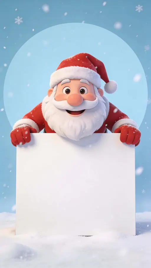 A friendly cartoon Santa Claus leans forward with a round nose and white beard, holding a large blank sign centered in the lower half of a 9:16 portrait while pale-blue background and light snowfall add gentle motion.