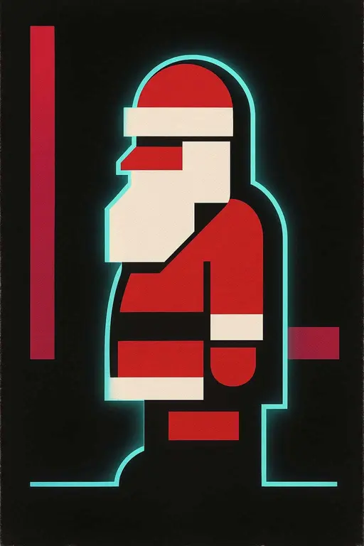 A modern brutalist poster of Santa Claus in profile composed of chunky red, white, and deep-charcoal geometric blocks with a rectangular beard and round hat, framed by heavy panels, traced by a neon cyan contour and magenta–cyan accent bars