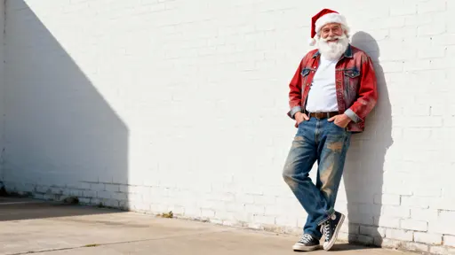 Playful older Santa Claus in a faded red denim trucker jacket, white tee and worn blue jeans leans against a white brick wall outdoors with soft daylight and generous negative space.