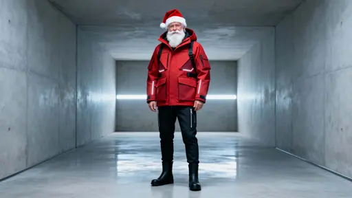Futuristic Santa Claus in a matte red layered utility jacket and tapered black tech pants stands in a minimalist concrete corridor with a soft horizontal light, clean reflections, and ample negative space.