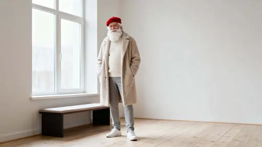 Santa Claus stands in a minimalist Scandinavian living space wearing a long beige wool coat, off-white sweater, slim light-grey trousers and a small red wool cap.