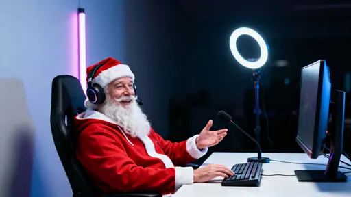 Santa Claus as a friendly older livestreamer in a minimalist gaming setup: red hoodie and long white beard at a white desk with a widescreen monitor, compact keyboard, slim microphone and a soft LED strip, lit by cool focused facial light.