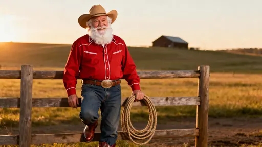 Crisp advertising image of Santa Claus as an older white cowboy standing by a simple wooden fence with a coiled lasso, rolling pasture and distant barn at warm sunset in a wide 16:9 frame.