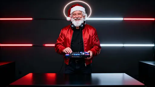Santa Claus portrayed as a modern DJ in a minimalist club: an older white man with a full white beard and red bomber jacket behind a matte-black DJ table bathed in soft red and white LED glows.