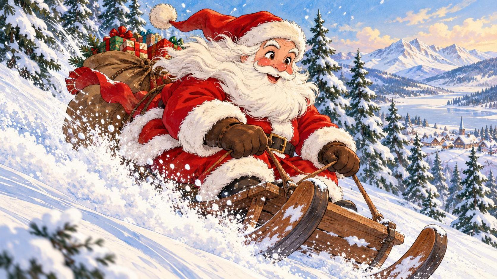 Santa Claus in a red suit rides a wooden sled down a snowy hill with his white beard flying and a sack of gifts behind him among pine trees and falling snow.