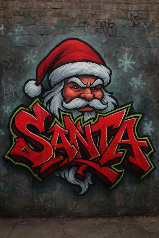 A large urban alley mural of Santa with wildstyle letters woven into his hat and beard, chrome outlines, intense red and neon-lime highlights, paint drips, misty gradients, and raw concrete texture.