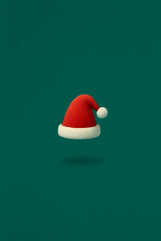 Minimal conceptual artwork showing a small plush Santa hat floating centered within a vast emerald-green vertical 2:3 field, smooth curves, soft plush texture and a subtle shadow beneath it.