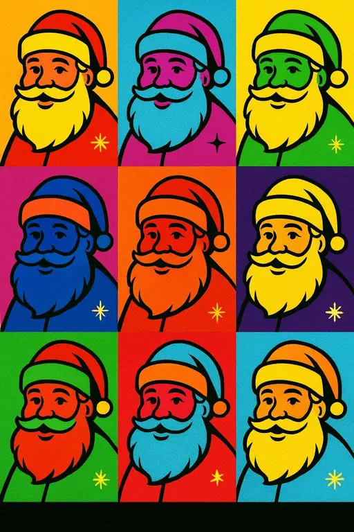 A 2:3 portrait poster showing a 3x3 pop-art grid of Santa heads, each square rendered in a vivid duotone with flat beard and hat shapes outlined in thick black, halftone shadows and tiny snowflakes and stars tucked into corners.