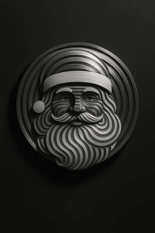 Op-art metal relief of Santa’s face as a circular wall sculpture featuring alternating concentric raised and recessed rings in brushed silver and matte white against a dark gallery wall.